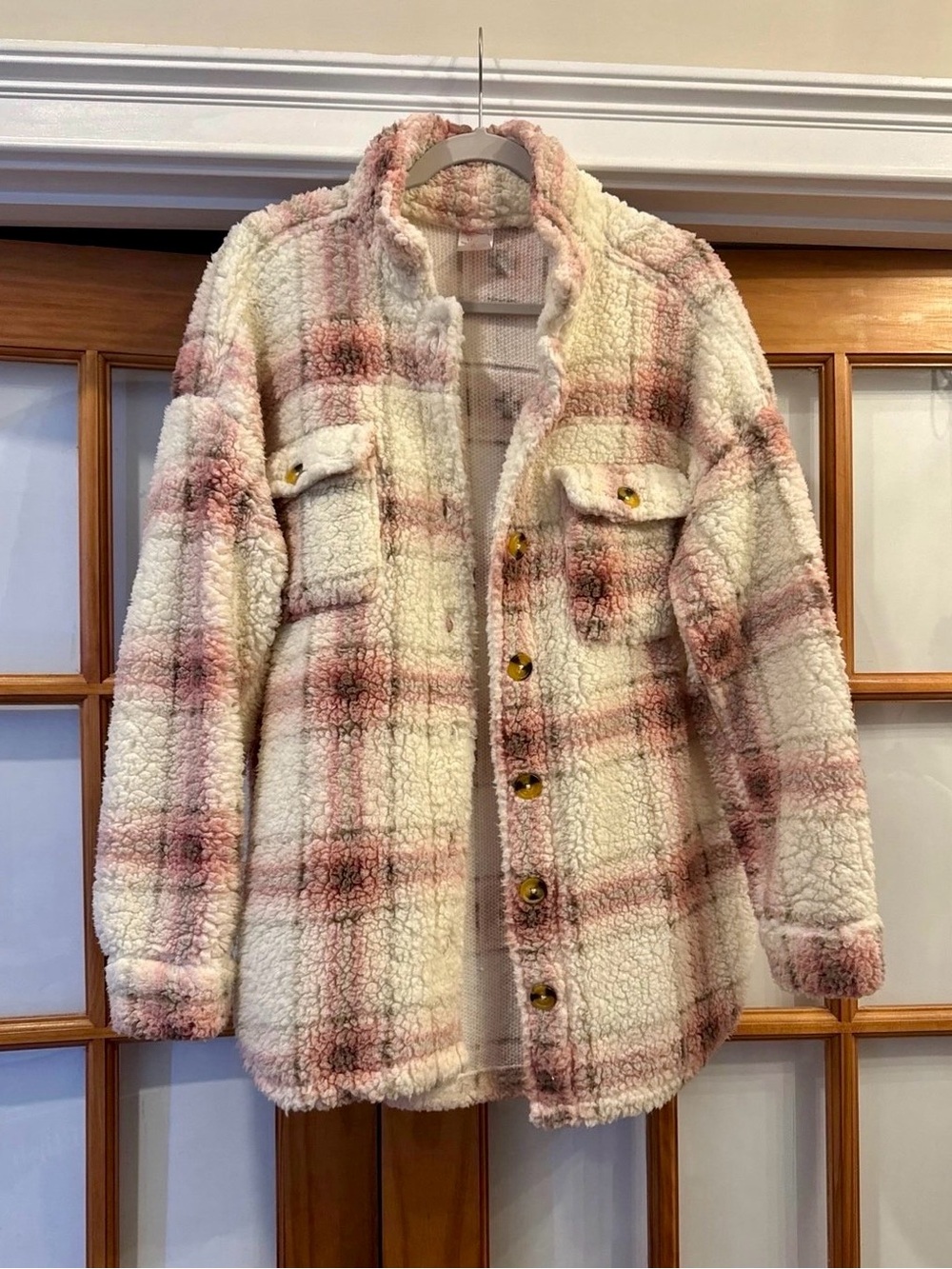 No Boundaries Cream & Pink Plaid Sherpa Shacket